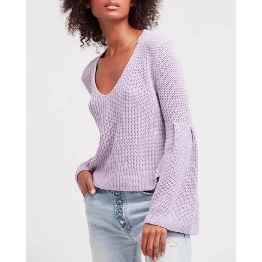 Free People Damsel Purple Lavender Bell Sleeve Preppy Knit Cotton Sweater Cozy